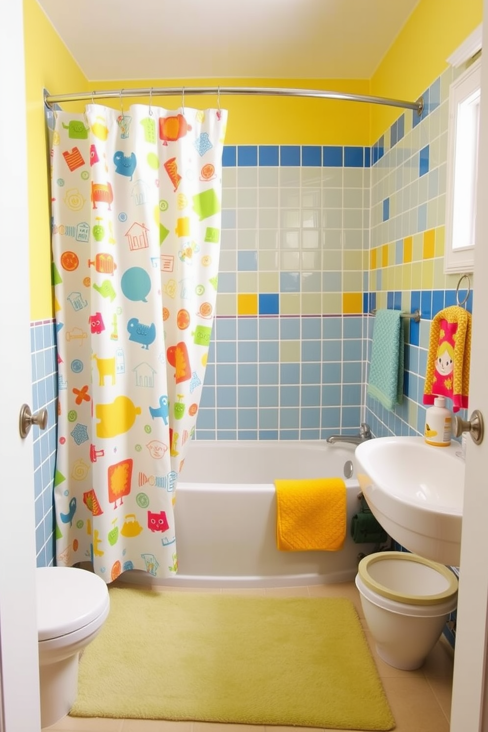 A vibrant kids bathroom filled with playful elements. Colorful shower curtains featuring fun patterns hang around the bathtub, creating a whimsical atmosphere. Brightly colored tiles in shades of blue and yellow adorn the walls, while a cheerful rug adds comfort underfoot. Fun accessories like cartoon-themed soap dispensers and colorful towels complete the lively design.