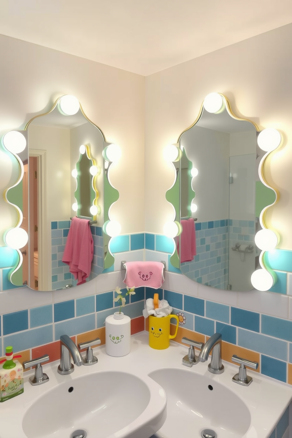 Brightly lit mirrors with playful shapes adorn the walls of a whimsical kids bathroom. The space features colorful tiles and fun, themed accessories that create an inviting atmosphere for children.