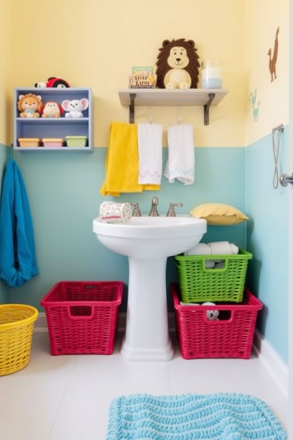 A playful kids bathroom featuring storage baskets in cheerful colors. The walls are painted in a bright pastel shade, and fun wall decals of animals add a whimsical touch.