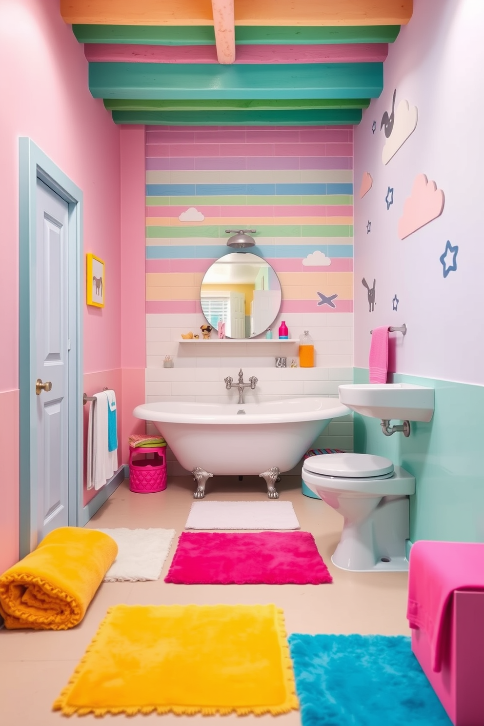 A vibrant kids bathroom filled with playful elements. The walls are painted in a soft pastel rainbow gradient, creating a cheerful atmosphere. Colorful bath mats and towels in bright hues are scattered across the floor. Fun wall decals of animals and clouds add a whimsical touch to the space.