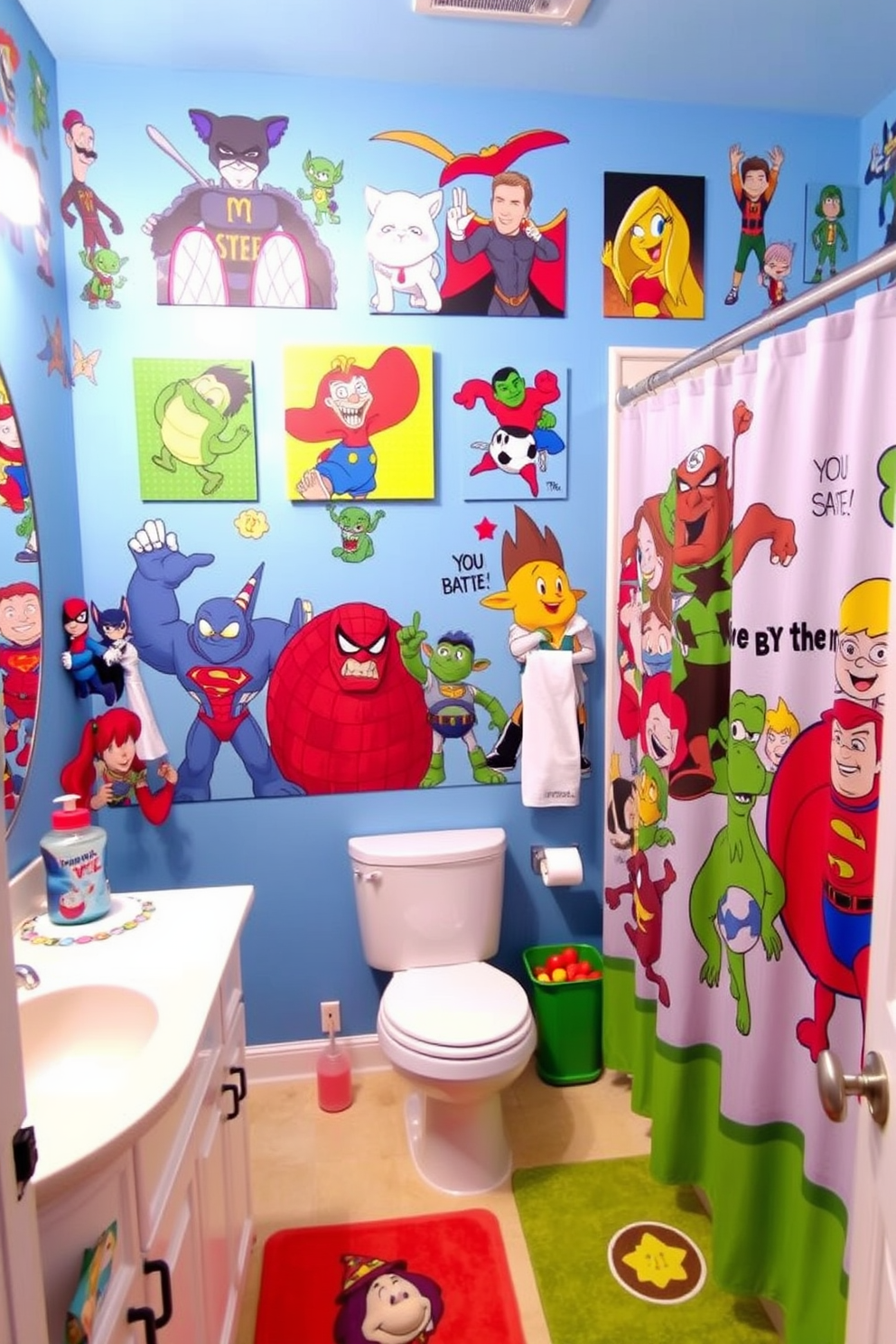 A vibrant kids bathroom filled with fun wall art showcasing favorite characters from popular cartoons and movies. The walls are painted in cheerful colors, and playful accessories like shower curtains and bath mats complement the theme.