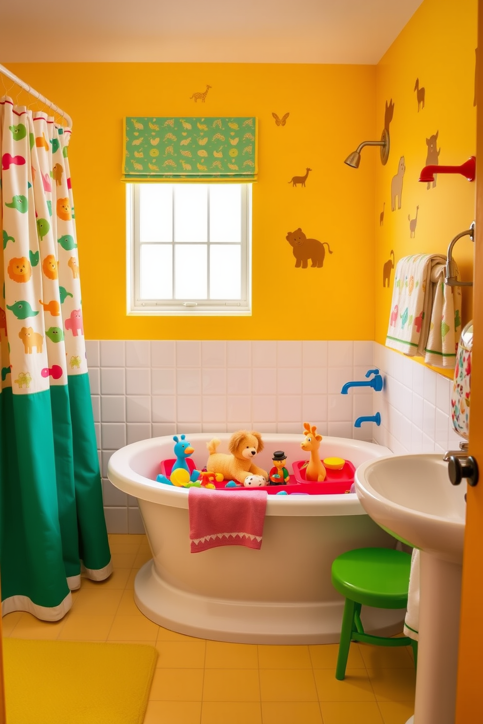 A vibrant kids bathroom featuring bold colored faucets that add a playful touch. The walls are painted in a cheerful yellow, complemented by fun animal-themed wall decals. A spacious bathtub is surrounded by colorful bath toys, creating an inviting atmosphere for children. Brightly patterned shower curtains and towels in various hues enhance the lively decor.