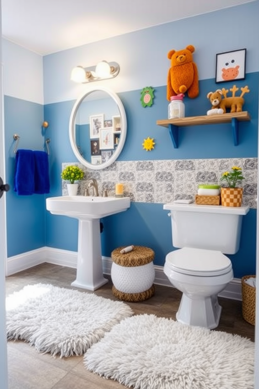 A cozy kids bathroom featuring soft plush rugs that provide comfort and warmth underfoot. The space is adorned with playful colors and whimsical decor elements to create a cheerful atmosphere.