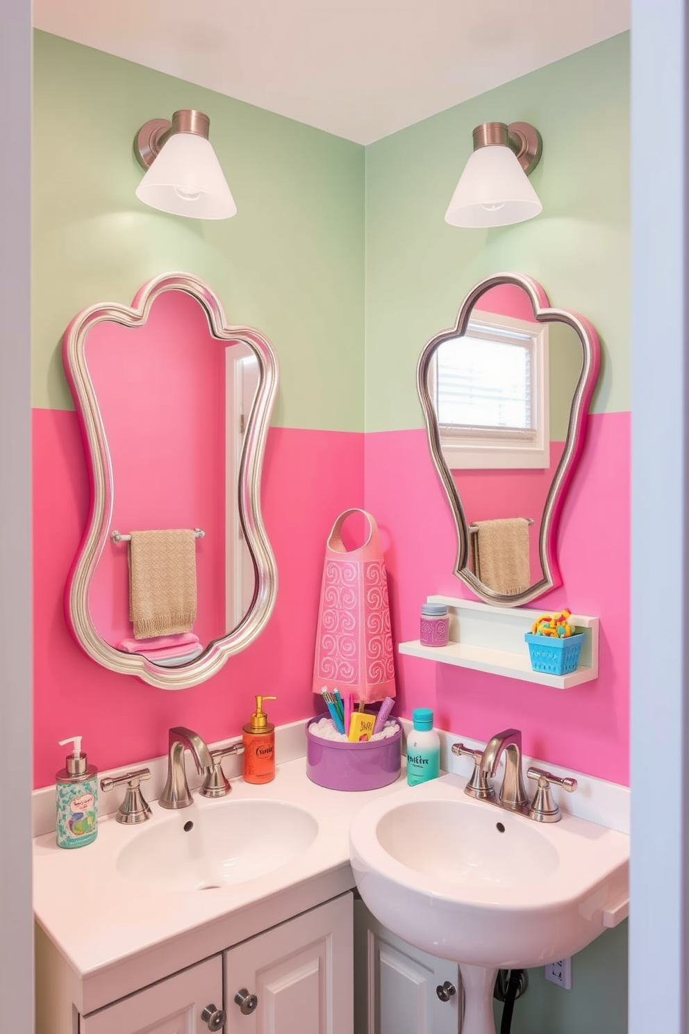 A whimsical kids bathroom featuring unique shaped mirrors that add a playful touch to the space. The walls are painted in a bright, cheerful color, and colorful bath accessories enhance the fun atmosphere.