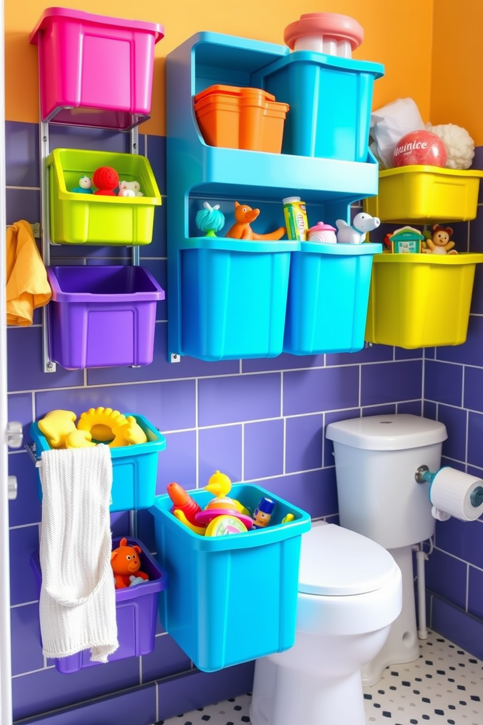 A vibrant kids bathroom with wall-mounted organizers for easy cleanup. Brightly colored bins hold toys and toiletries, creating a fun and functional space.
