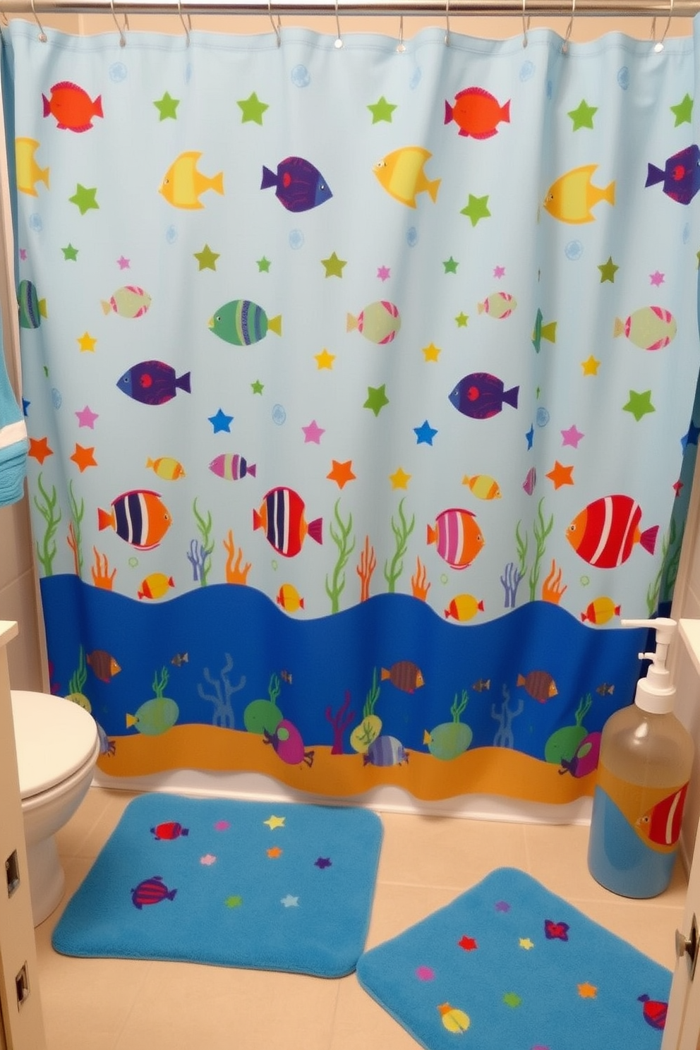 A vibrant kids bathroom featuring an aquatic themed shower curtain adorned with colorful fish and sea creatures. Coordinating accessories include a matching bath mat, toothbrush holder, and soap dispenser, all designed to create a playful underwater atmosphere.