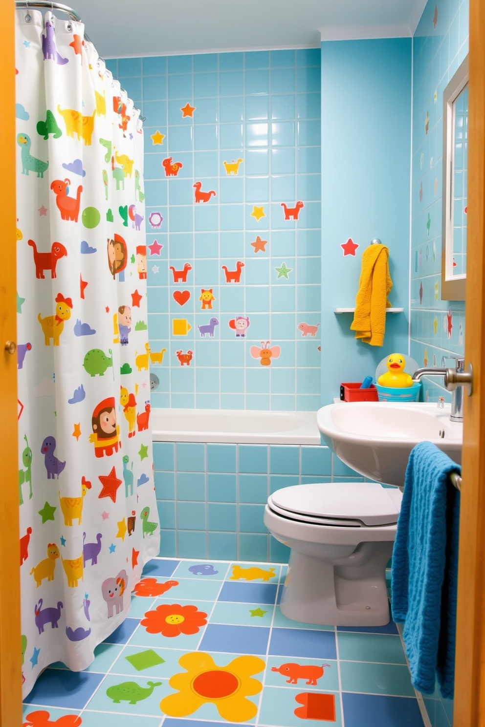 A vibrant kids bathroom filled with playful tile stickers featuring colorful animals and shapes. The walls are painted in a cheerful light blue, and the floor is adorned with fun, non-slip tiles to ensure safety. A whimsical shower curtain with a cartoon theme complements the bright decor. Fun bath accessories like a rubber duck and colorful towels add to the playful atmosphere.