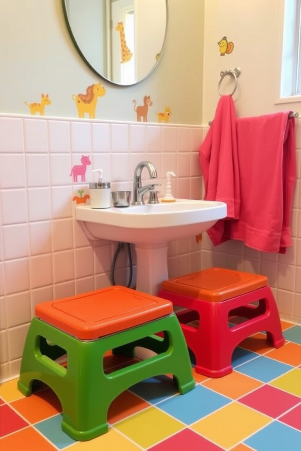 Brightly colored step stools for kids are placed in front of a cheerful sink designed for little ones. The bathroom features playful wall decals of animals and vibrant tiles that create a fun and inviting atmosphere.