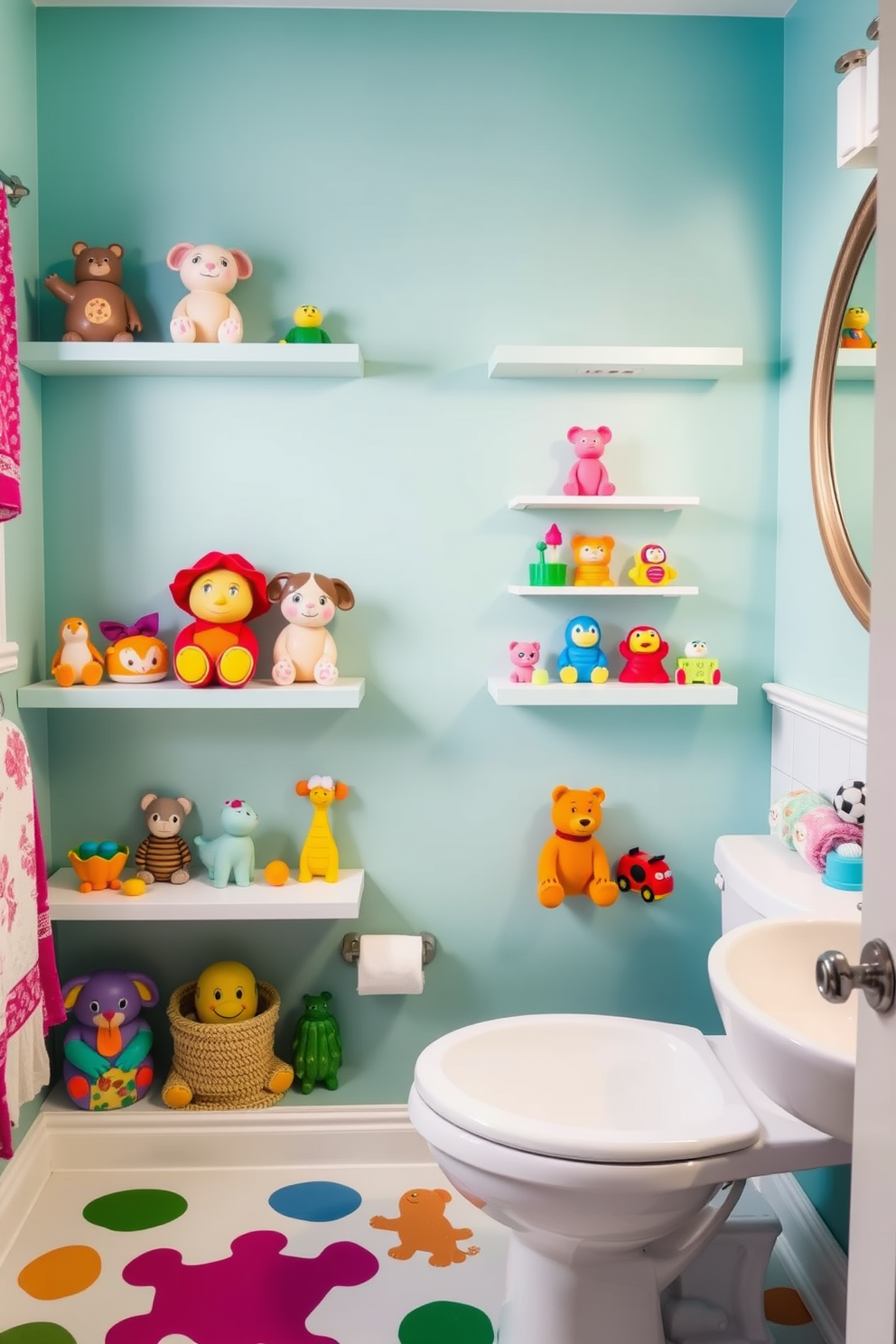 A whimsical kids bathroom featuring colorful bath toys displayed creatively on open shelving. The walls are painted in a cheerful pastel hue, and the floor is adorned with playful, non-slip tiles.