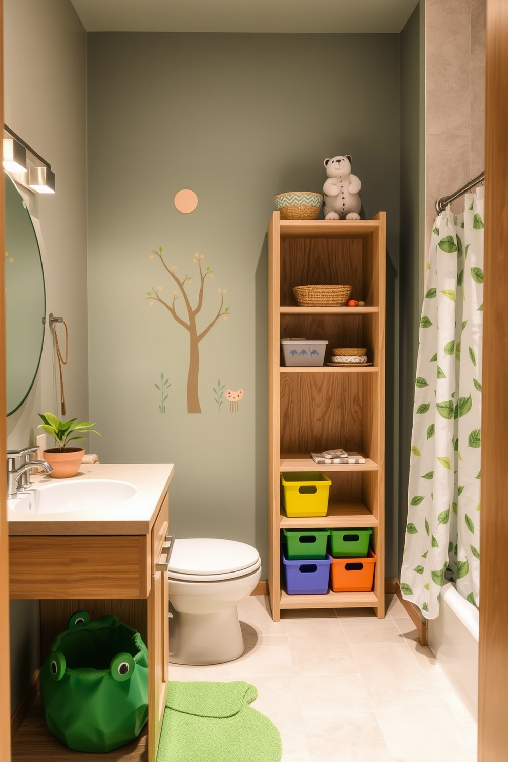 A kids bathroom design that incorporates nature-inspired elements to create a calming atmosphere. The walls are painted in soft earth tones with whimsical tree and animal decals, and there are playful touches like a frog-shaped bath mat and leaf-patterned shower curtain. Natural wood accents are featured in the cabinetry and shelving, providing a warm contrast to the cool tiles on the floor. A small indoor plant sits on the countertop, and colorful storage bins shaped like animals are used to keep toys organized and within reach.