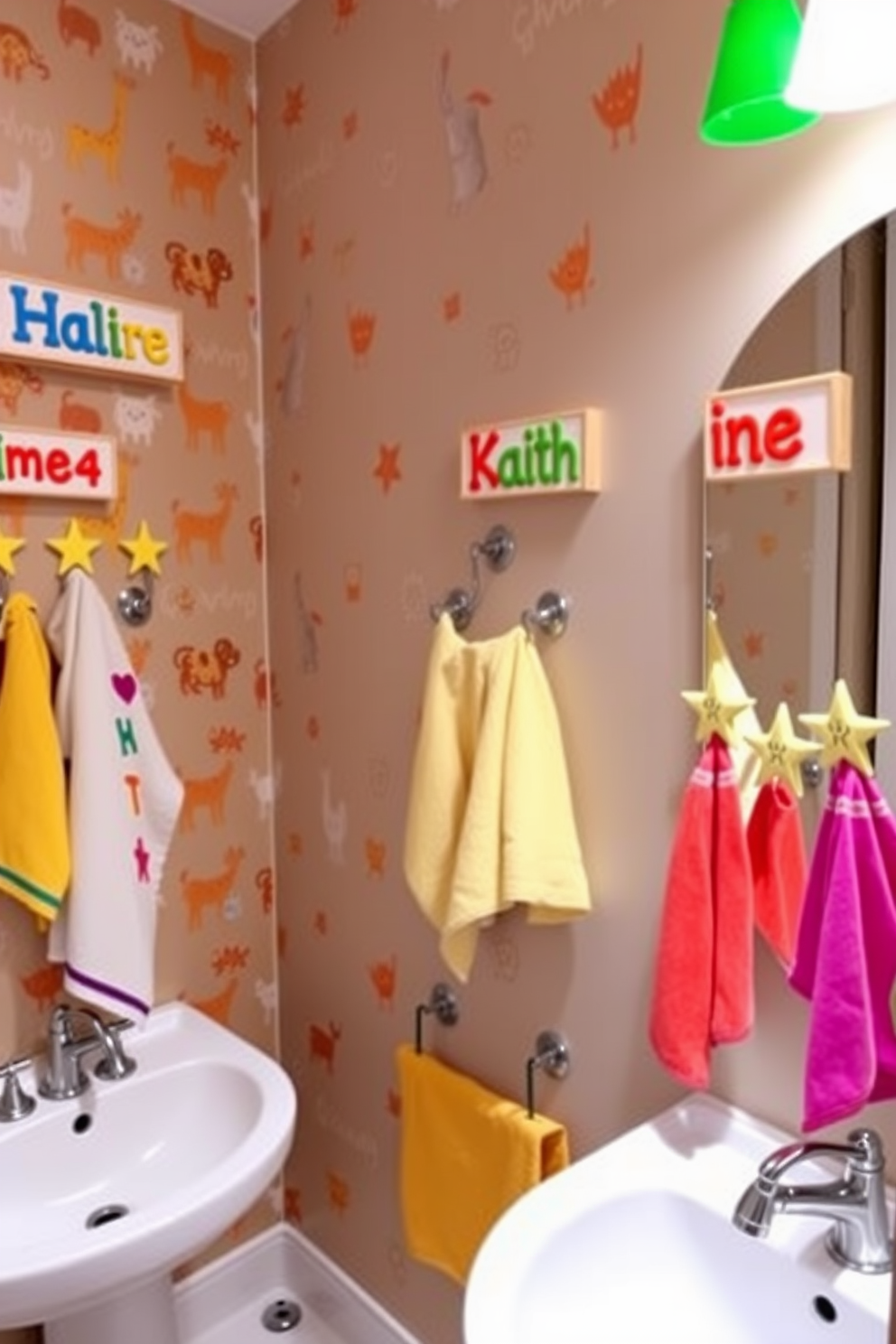 A whimsical kids bathroom featuring colorful customizable name plaques above each sink. The walls are adorned with playful animal-themed wallpaper, and there are fun, vibrant towels hanging from hooks shaped like stars.