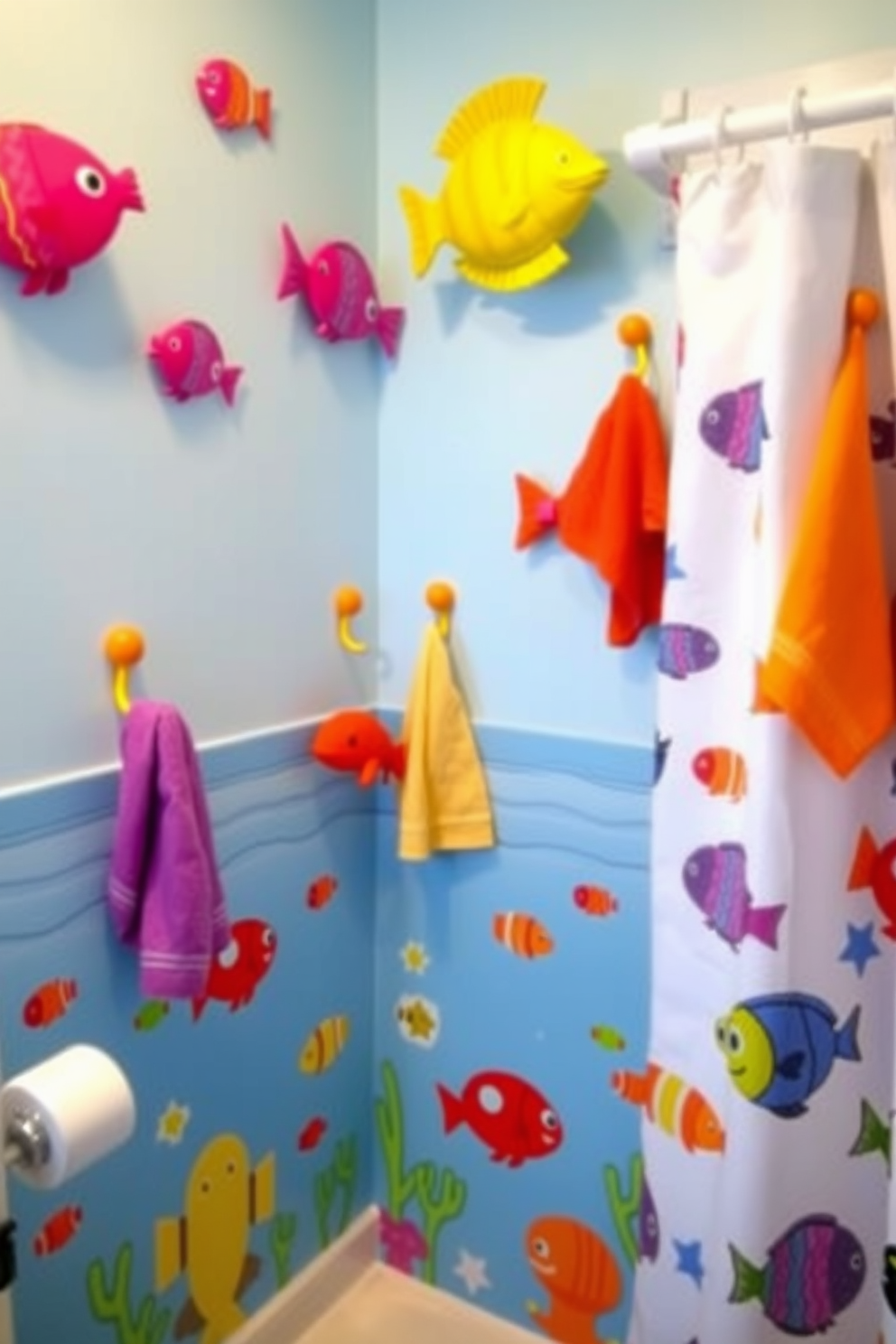 A whimsical kids bathroom featuring floating fish decorations in vibrant colors. The walls are painted in a soft ocean blue with playful aquatic-themed wallpaper along the lower half. Brightly colored towels hang from cheerful hooks shaped like sea creatures. A playful shower curtain adorned with cartoon fish completes the fun and inviting atmosphere.
