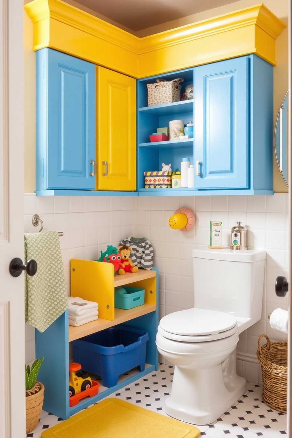 A playful and colorful kids bathroom featuring brightly painted cabinets in cheerful hues of blue and yellow. The cabinets provide ample storage for toys and toiletries, while fun animal-themed accessories add a whimsical touch to the space.