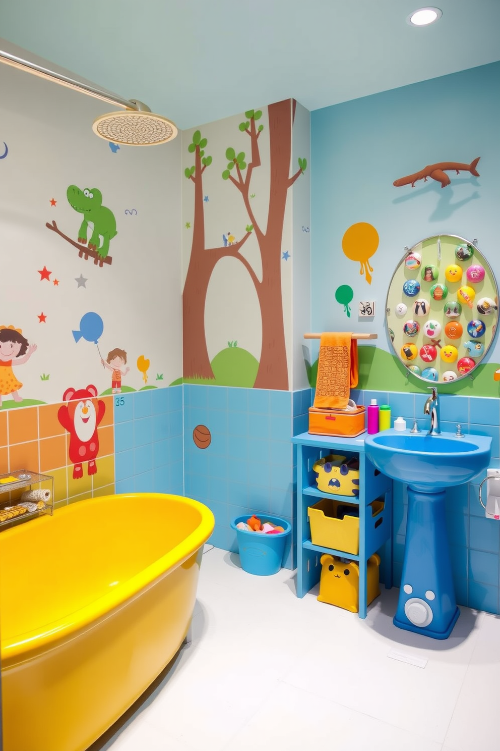 A whimsical kids bathroom designed for fun and interaction. The walls are adorned with colorful murals featuring playful characters and interactive wall games that engage children's imagination. Brightly colored fixtures are included, such as a cheerful yellow bathtub and a vibrant blue sink. Fun storage solutions like playful animal-shaped bins keep toys organized and within reach.