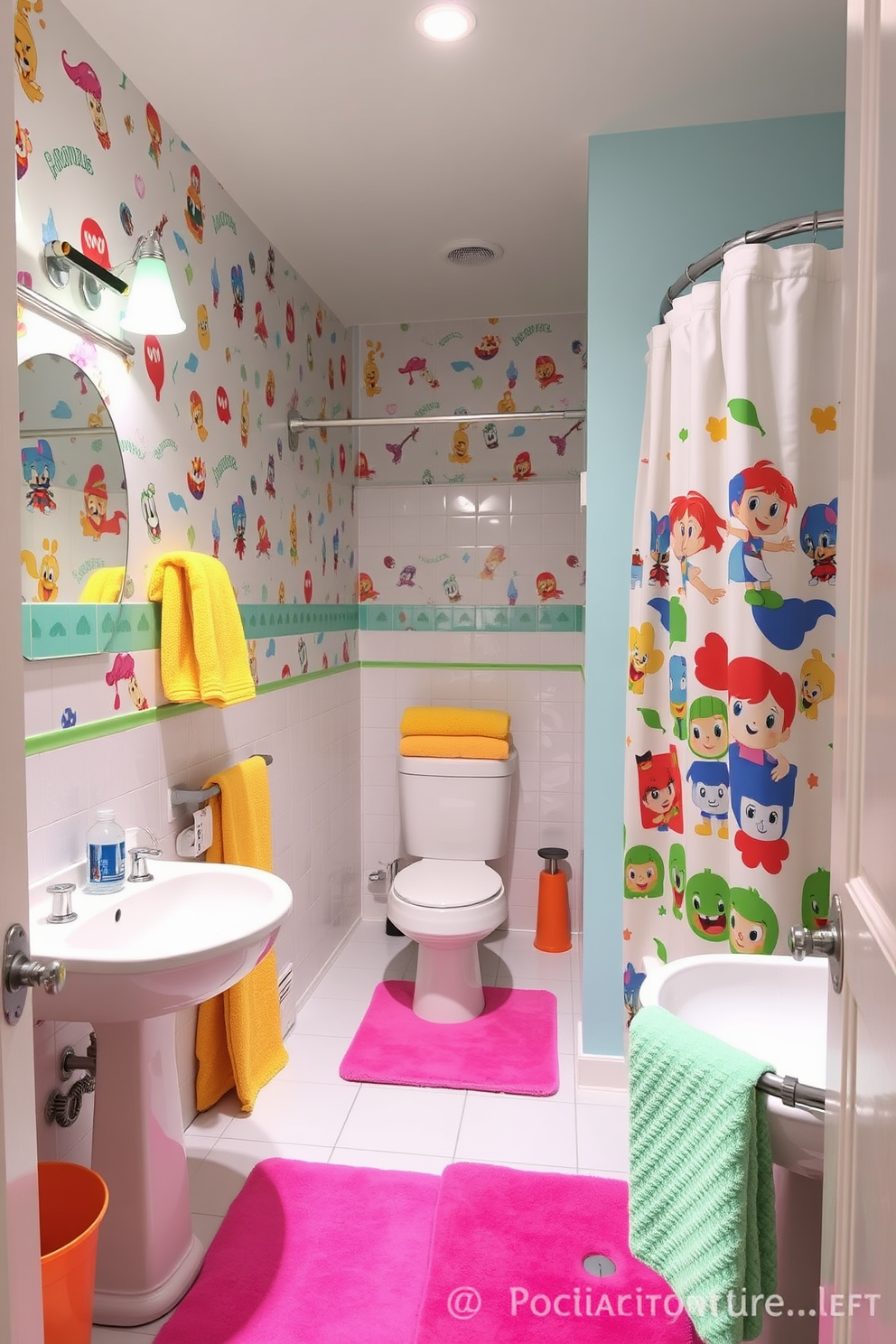 A whimsical children's bathroom featuring playful colors and fun patterns. The walls are adorned with cartoon-themed wallpaper, and the fixtures are child-sized for comfort and accessibility. Brightly colored towels and bath mats add a cheerful touch, while a playful shower curtain showcases favorite characters. Soft lighting illuminates the space, creating a warm and inviting atmosphere perfect for kids.