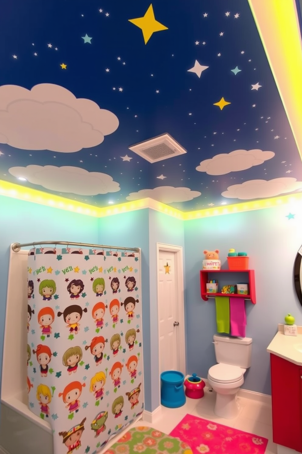 Fun ceiling designs featuring fluffy clouds and twinkling stars create a whimsical atmosphere in a kids bathroom. The walls are painted in a soft blue, complementing the playful ceiling while colorful bath accessories add to the cheerful vibe. Incorporate a playful shower curtain with cartoon characters that match the ceiling theme. A bright rug with a fun pattern completes the look, making the bathroom a delightful space for children.