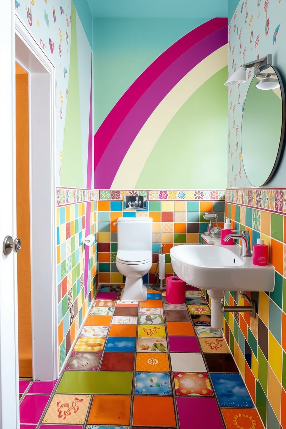Brightly colored tiles create a vibrant and playful atmosphere in a kids bathroom. The walls are adorned with cheerful patterns, and the floor features a mix of colorful tiles that invite creativity and fun.