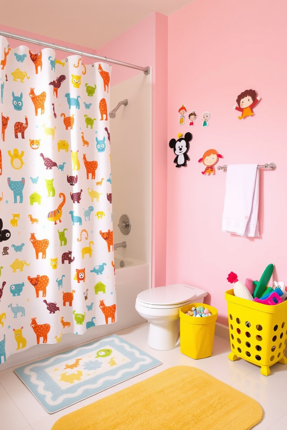 A whimsical kids bathroom featuring playful patterns in textiles. The shower curtain showcases colorful animal prints, while the bath mat has a fun geometric design that adds a cheerful touch. The walls are painted in a soft pastel hue, complemented by vibrant wall decals of cartoon characters. A bright yellow storage basket holds toys, and a playful rug shapes the floor, creating a lively atmosphere.