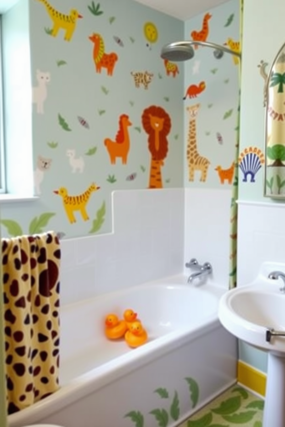 A playful kids bathroom featuring whimsical animal prints adorning the walls. The space includes a cheerful bathtub with colorful rubber duckies and a vibrant shower curtain depicting jungle animals.