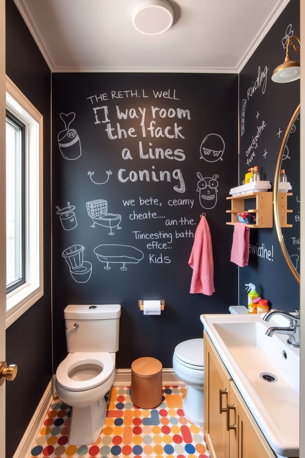 A playful kids bathroom featuring an interactive chalkboard wall that encourages creativity and self-expression. The space is brightened with colorful tiles and fun, whimsical fixtures that make bath time enjoyable.