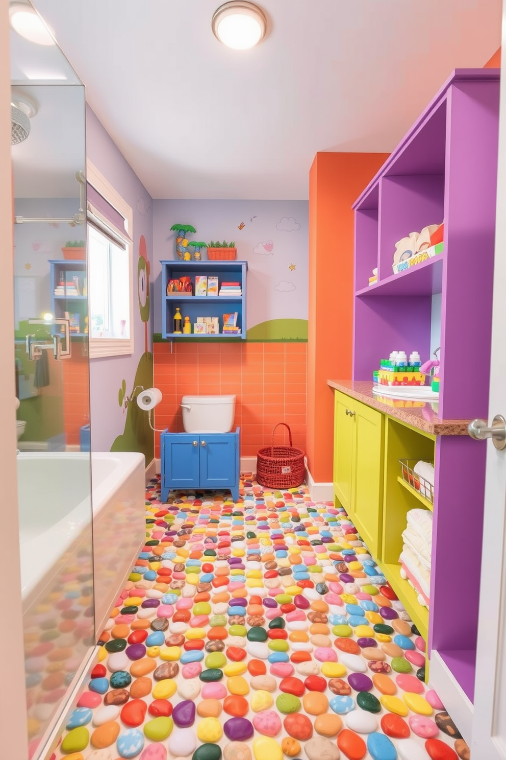 Vibrant pebble tile flooring creates a playful yet stylish foundation for a kids bathroom. The colorful pebbles are arranged in a fun pattern, adding texture and visual interest to the space. Brightly colored walls complement the flooring, featuring playful murals or decals that inspire creativity. Functional storage solutions are incorporated, such as low cabinets and open shelving for easy access to toys and bath essentials.