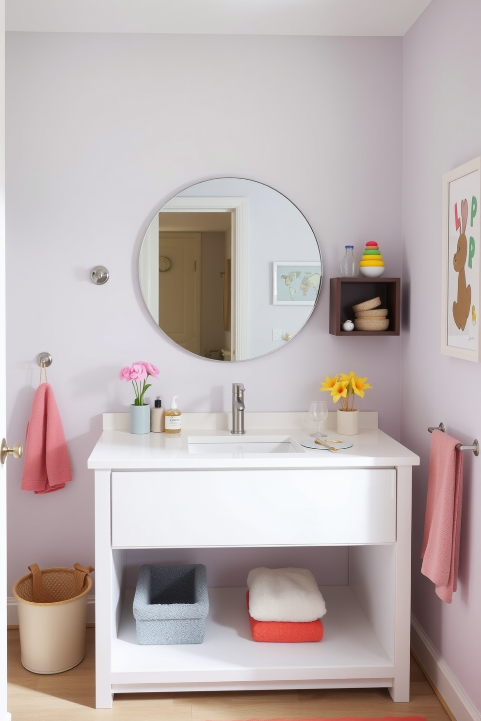 Sleek minimalist vanity with clean lines and ample storage space. The vanity features a smooth white countertop and a single sink, complemented by a large round mirror above it. The walls are painted in a soft pastel color, creating a calming atmosphere. Fun, colorful accessories and playful artwork adorn the space, making it inviting for children.