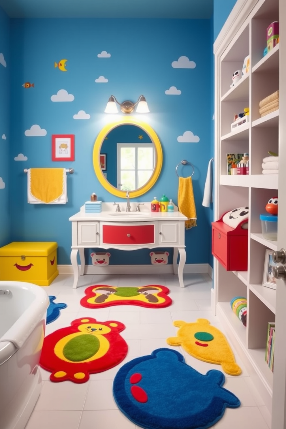 A whimsical kids bathroom featuring colorful themed bath mats shaped like animals and cartoon characters. The walls are painted in a bright blue hue, adorned with playful decals of sea creatures and clouds. A cheerful vanity with a rounded mirror reflects the vibrant colors of the space. Fun storage solutions like a colorful toy chest and open shelving display bath toys and books, adding to the playful atmosphere.