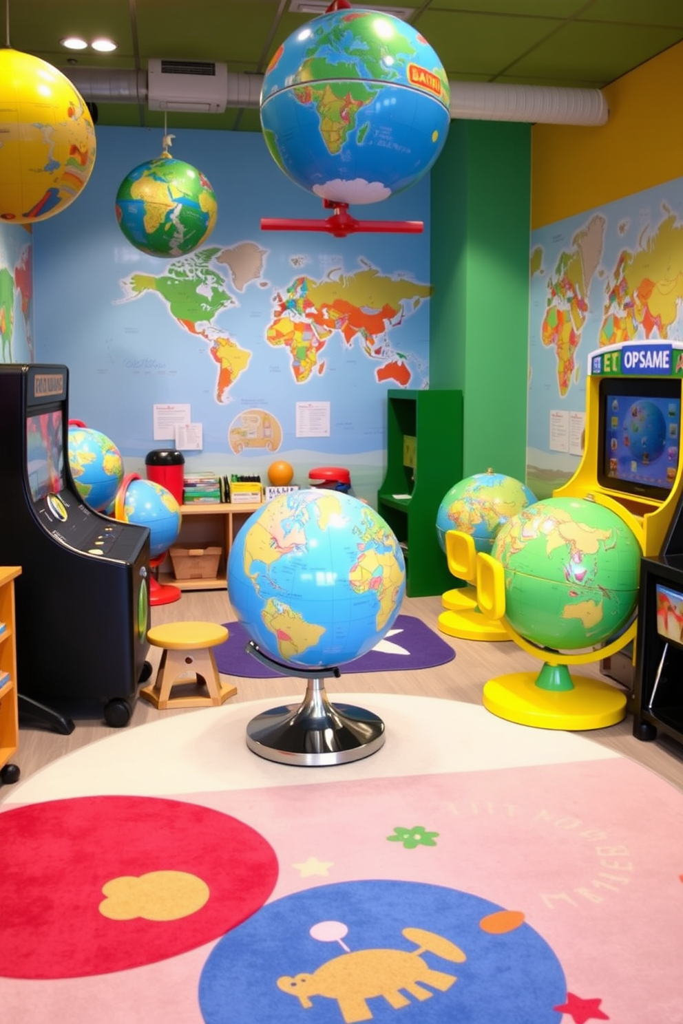A vibrant kids game room filled with the latest technology and gaming consoles. The walls are painted in bright colors, and a large wall-mounted screen displays a dynamic gaming setup. Soft bean bags and colorful floor cushions are scattered around for comfortable seating. Shelves are lined with video games and collectibles, while LED strip lights illuminate the space for an exciting atmosphere.