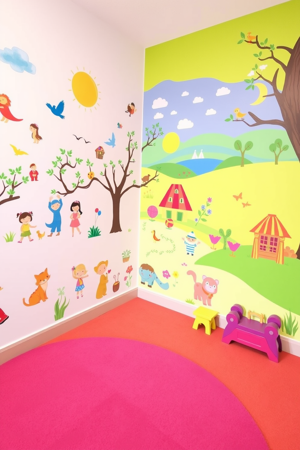 A vibrant kids playroom filled with colorful wall decals depicting whimsical characters and playful scenes. The space features a soft carpet in bright hues, inviting children to sit and play comfortably.