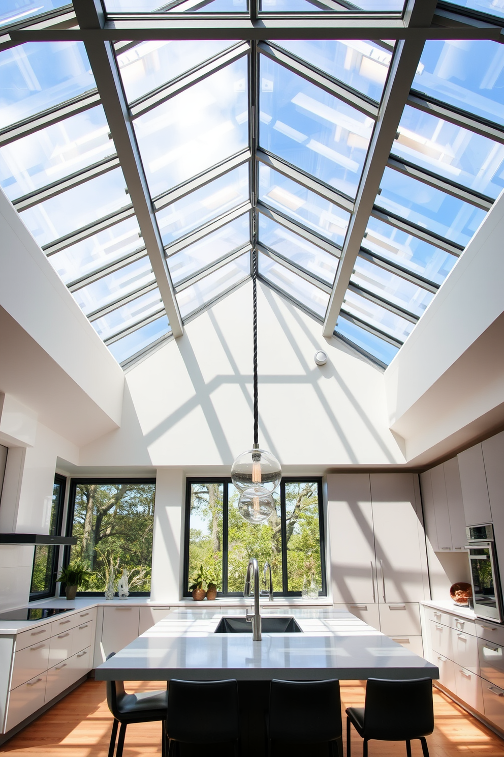 A modern kitchen featuring glass panels that allow natural light to flood the space. The ceiling design incorporates sleek lines and recessed lighting to enhance the airy atmosphere. The walls are painted in a soft white, complementing the glass elements. A central island with minimalist bar stools invites casual dining and socializing.
