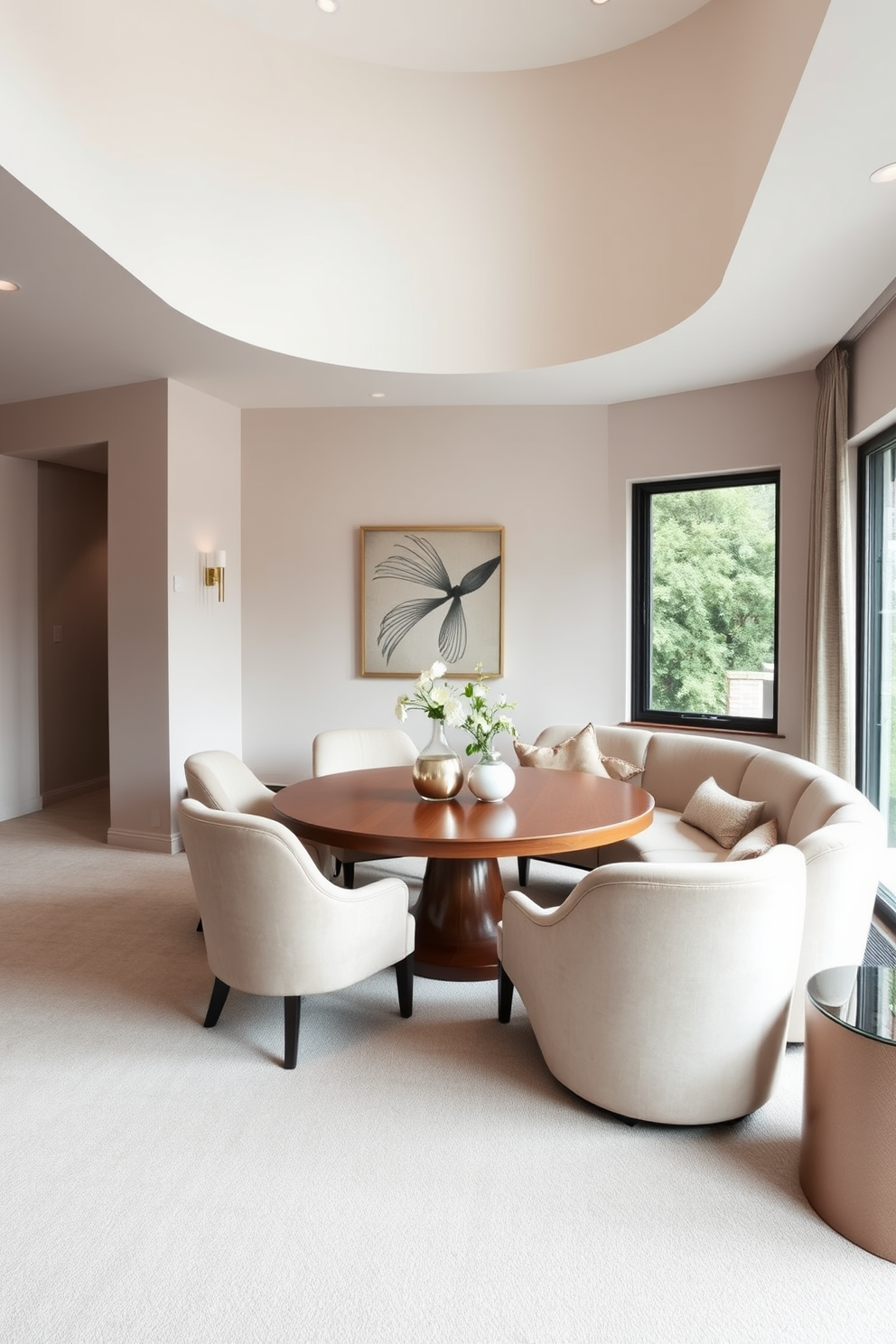 Curved furniture creates a harmonious and inviting atmosphere in an L-shaped dining room. The space features a round dining table surrounded by plush curved chairs, with a soft color palette that enhances the overall elegance. The walls are adorned with subtle artwork that complements the furniture's shapes. Large windows allow natural light to flood the room, highlighting the gentle curves and creating a warm and welcoming environment.