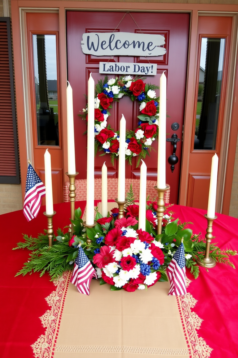 A festive table arrangement featuring an elegant tablecloth in deep red. Centered on the table are several tall candles in varying heights, surrounded by seasonal flowers and greenery. For Labor Day, the front door is adorned with a rustic wreath made of red, white, and blue flowers. A charming welcome sign hangs above the wreath, and small American flags are placed on either side of the door.