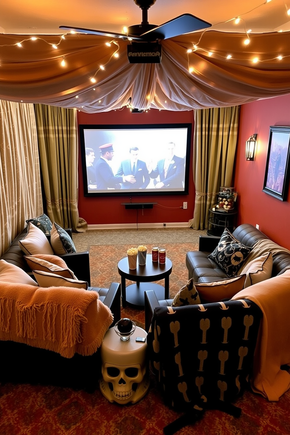 Cozy blanket fort movie night setup. Soft blankets and plush pillows create a warm and inviting space, draped over a sturdy frame made of chairs and cushions. Fairy lights twinkle overhead, casting a gentle glow, while a large screen displays a classic film. Snacks are arranged on a small table nearby, with popcorn and drinks ready for a perfect evening. Labor Day home theater decorating ideas. Rich, warm colors adorn the walls, complemented by comfortable seating that invites relaxation. A large projector screen takes center stage, framed by elegant curtains that add a touch of sophistication. Decorative accents, such as themed artwork and cozy throws, enhance the festive atmosphere for a memorable gathering.