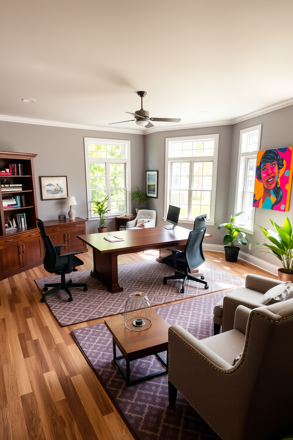 A spacious home office featuring a large wooden desk positioned in the center, surrounded by ergonomic chairs and ample shelving. Natural light floods the room through large windows, highlighting a cozy reading nook with a plush armchair and a small side table. The walls are painted in a soft gray hue, complemented by vibrant artwork that adds personality. A stylish area rug defines the workspace, while potted plants bring a touch of nature into the design.