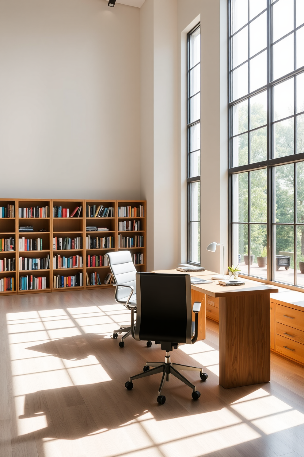 A spacious study room filled with bright natural light streaming through large floor-to-ceiling windows. The room features a sleek wooden desk positioned to take advantage of the sunlight, complemented by a comfortable ergonomic chair and stylish bookshelves lining the walls.