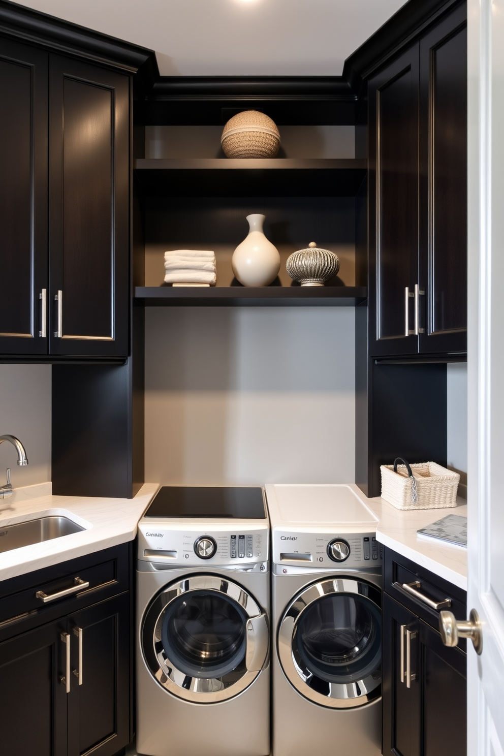A striking laundry room featuring dark cabinets that create a dramatic and sophisticated atmosphere. The cabinets are complemented by sleek silver hardware and a stylish countertop that provides ample workspace. The walls are painted in a soft gray to enhance the richness of the cabinetry. A modern washing machine and dryer are seamlessly integrated into the design, with open shelving above for additional storage and decor.
