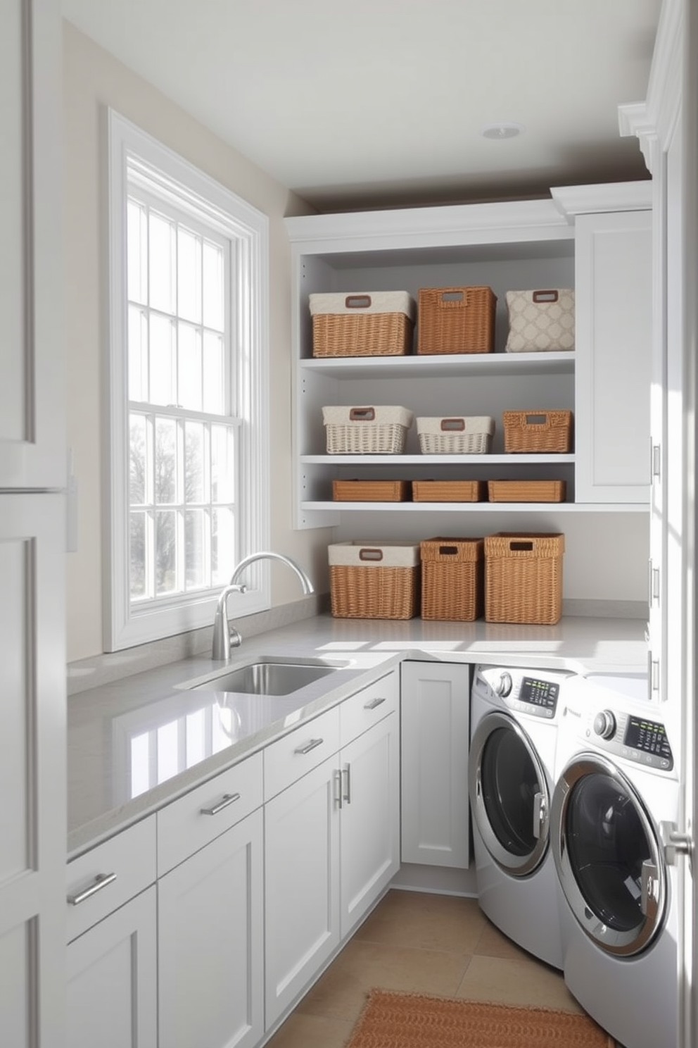 Bright and airy laundry room filled with natural light. The room features white cabinetry and a large window that allows sunlight to flood in, illuminating the space. A spacious countertop made of quartz runs along one wall, providing ample space for folding clothes. Decorative baskets are neatly arranged on the shelves, adding both functionality and style to the design.