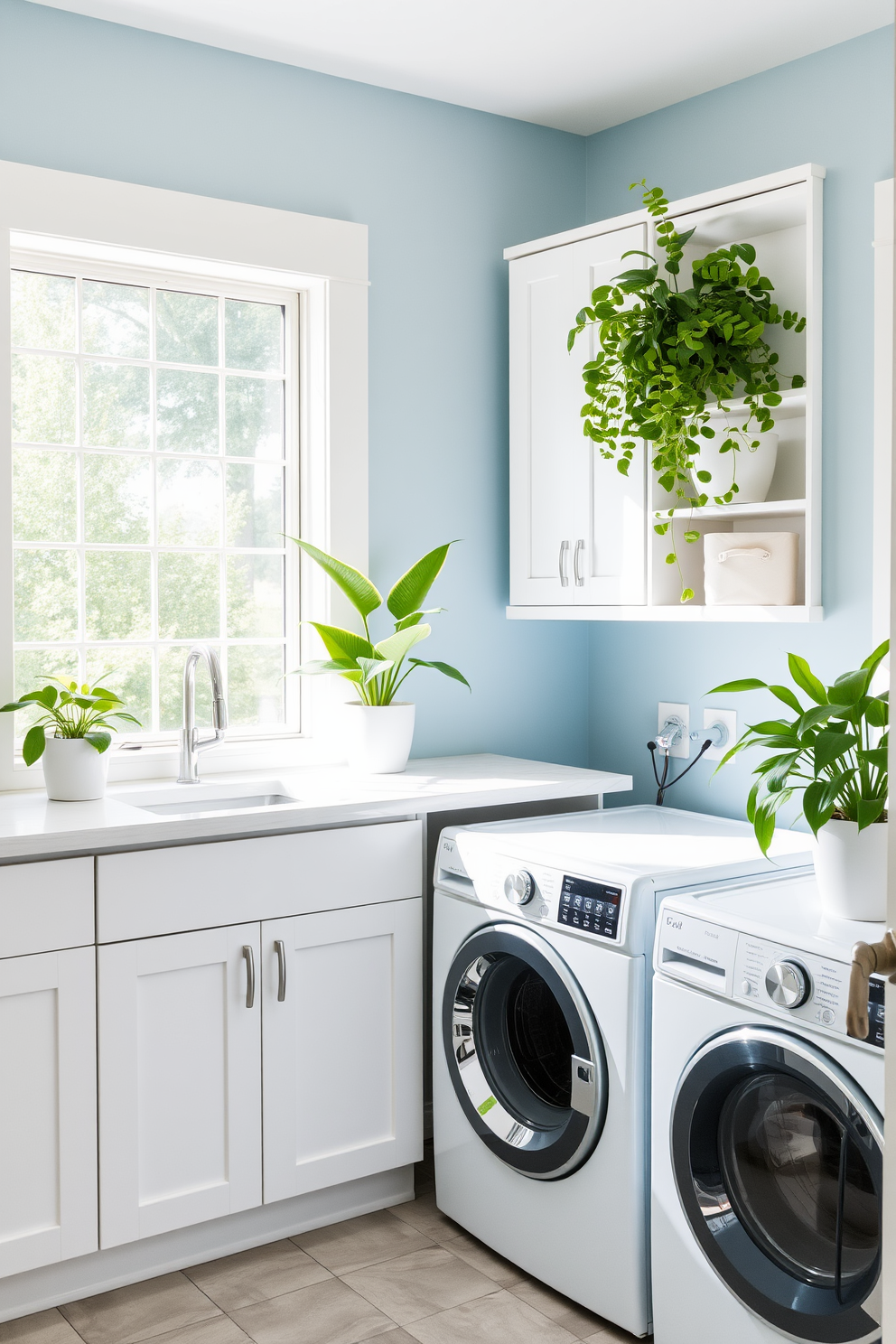 A bright and airy laundry room features a large window that allows natural light to flood the space. There are white cabinets above a sleek countertop, with a stylish washer and dryer side by side. Lush green plants are placed on the windowsill and in the corners to create a fresh and inviting atmosphere. The walls are painted in a soft blue hue, and the floor is adorned with light gray tiles for a modern touch.