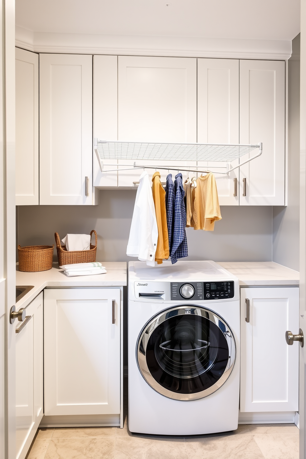 A functional laundry room with a modern drying rack designed for delicate items. The space features sleek cabinetry in a soft white finish and a countertop for folding clothes, complemented by a stylish backsplash in a muted gray tone.