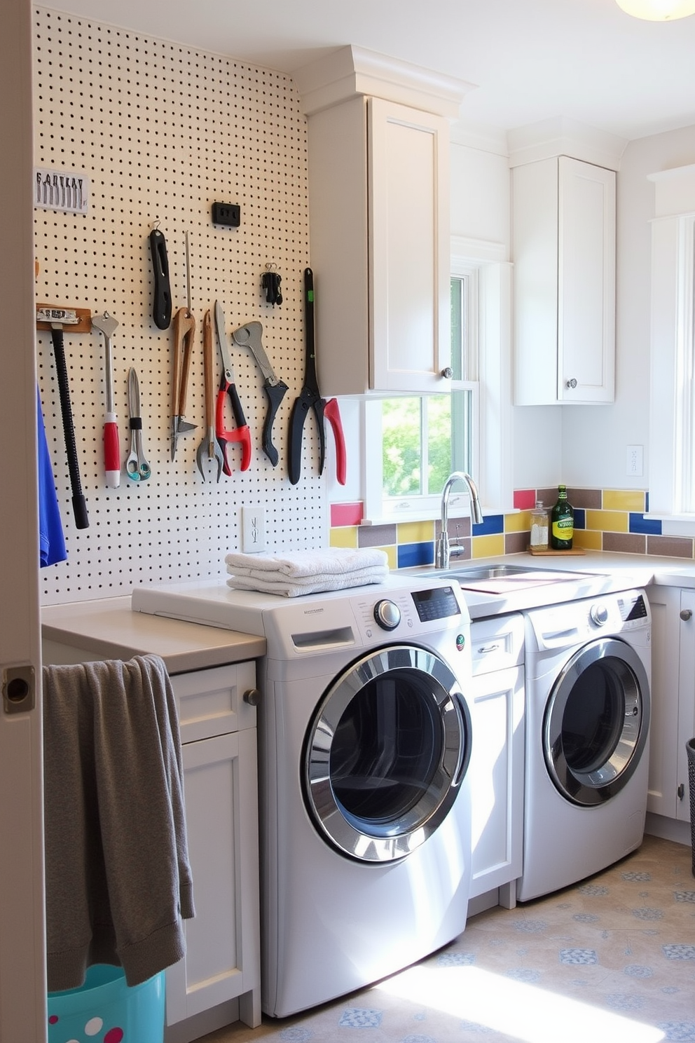 A functional laundry room featuring a pegboard wall for hanging tools and accessories. The space includes a sleek countertop for folding clothes and a modern washing machine and dryer stacked for efficiency. Bright white cabinetry provides ample storage, while a vibrant backsplash adds a pop of color. Natural light floods the room through a window, creating an inviting atmosphere for laundry tasks.