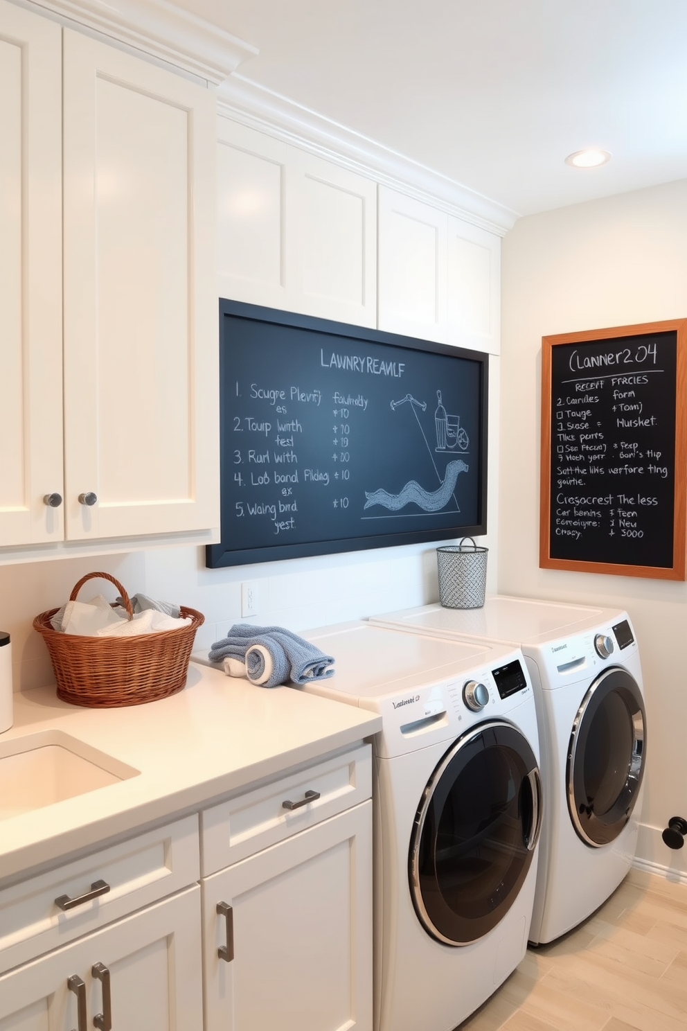 A bright and functional laundry room features a large chalkboard mounted on the wall for reminders and lists. The cabinetry is a crisp white, complemented by a sleek countertop that provides ample workspace for folding clothes.