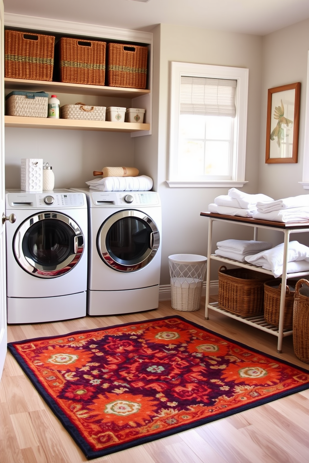 A cozy laundry room featuring a vibrant area rug that adds a pop of color and warmth to the space. The room includes a stylish washer and dryer set, with ample storage shelves above for laundry essentials. The walls are painted in a soft, inviting hue that complements the rug's colors. A folding station is positioned nearby, adorned with decorative baskets for organizing supplies and fresh linens.