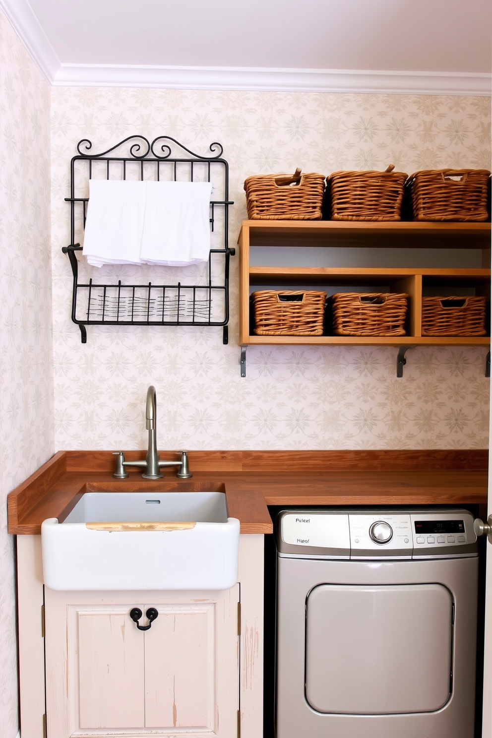 A vintage-inspired laundry room featuring a distressed wooden countertop with a farmhouse sink. The walls are adorned with patterned wallpaper in soft pastel colors, and a vintage drying rack is mounted above the sink. Rustic wicker baskets are neatly arranged on open shelving, providing both storage and charm. A retro-style washing machine and dryer in a muted color add to the nostalgic feel of the space.