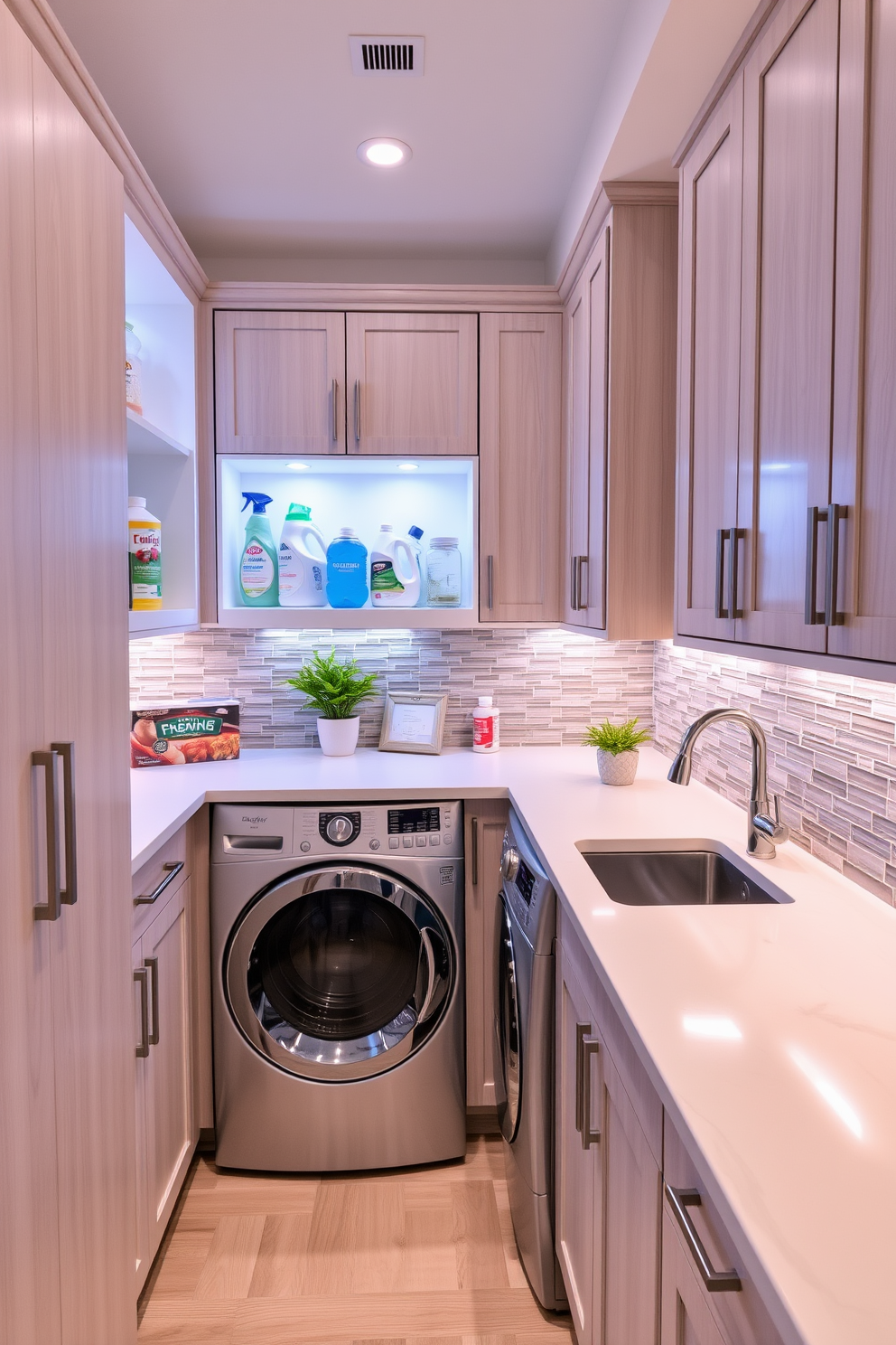 A bright and functional laundry room features sleek cabinetry with a light wood finish. Under-cabinet lighting illuminates the space, creating a warm ambiance and highlighting the organized shelves filled with cleaning supplies. The room includes a spacious countertop for folding clothes, complemented by a deep sink for hand-washing delicate items. A stylish backsplash adds a pop of color, while a small potted plant brings a touch of greenery to the design.