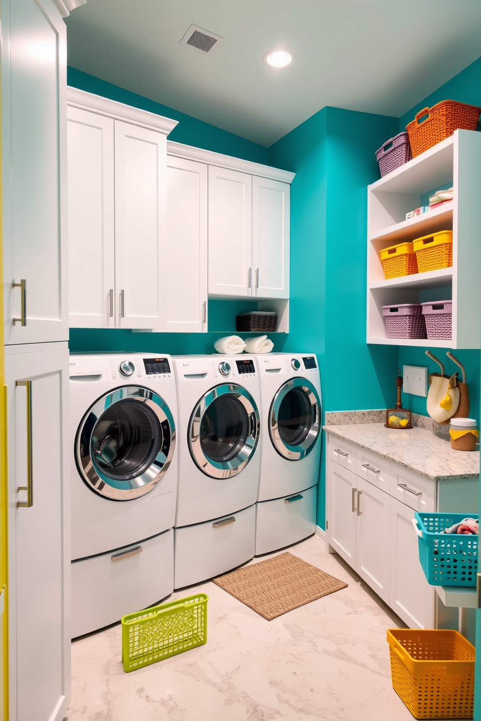 A vibrant laundry room filled with energy and creativity. The walls are painted in a bright turquoise with bold yellow accents, creating a cheerful atmosphere. There are sleek white cabinets for storage, and a modern washer and dryer set is centrally located. A stylish countertop made of quartz provides a workspace for folding clothes, complemented by colorful storage baskets.