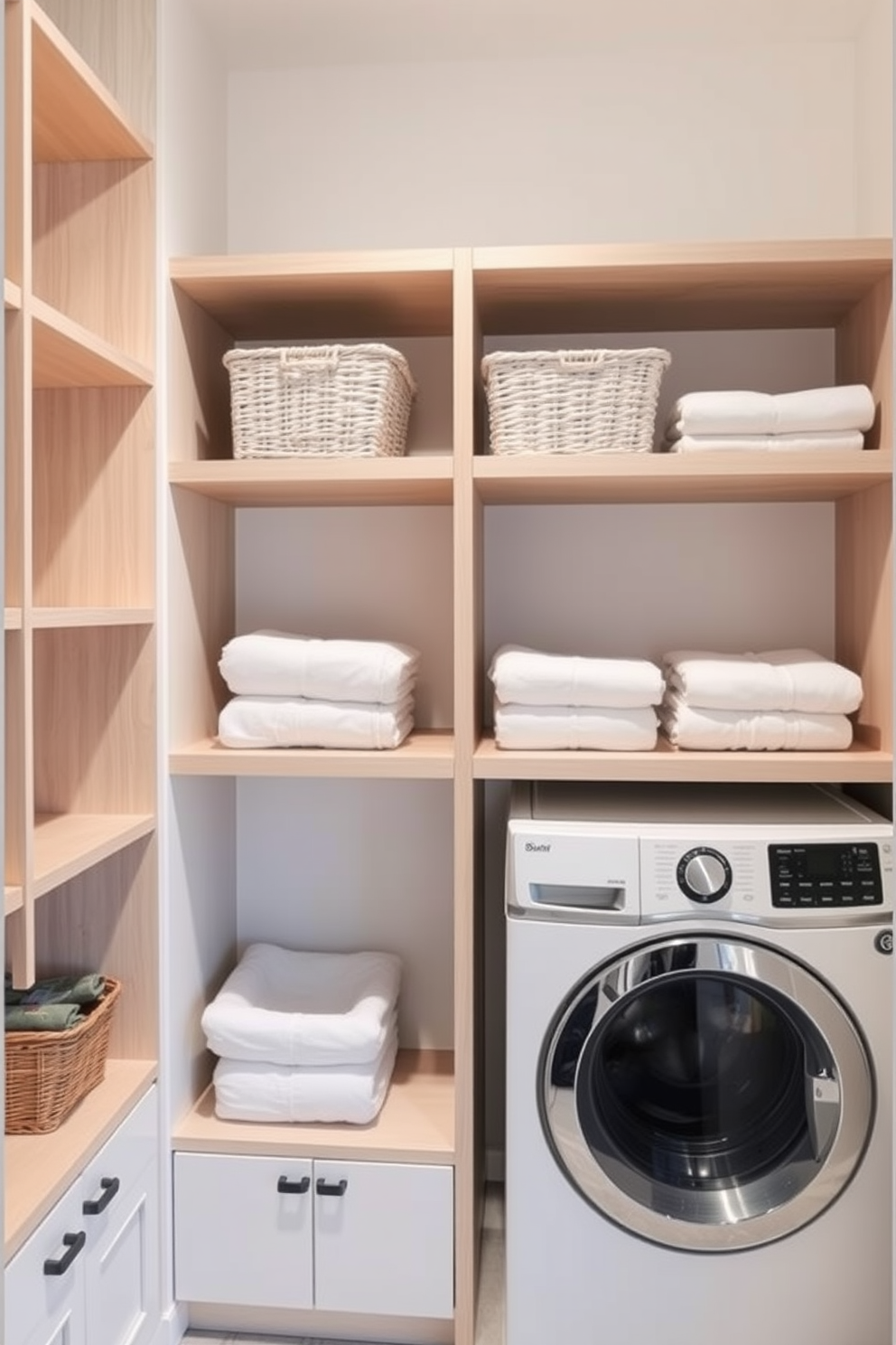 A clean and organized laundry room featuring minimalist shelving that maximizes storage space. The shelves are made of light wood and neatly display baskets and folded towels, creating a serene and functional environment.