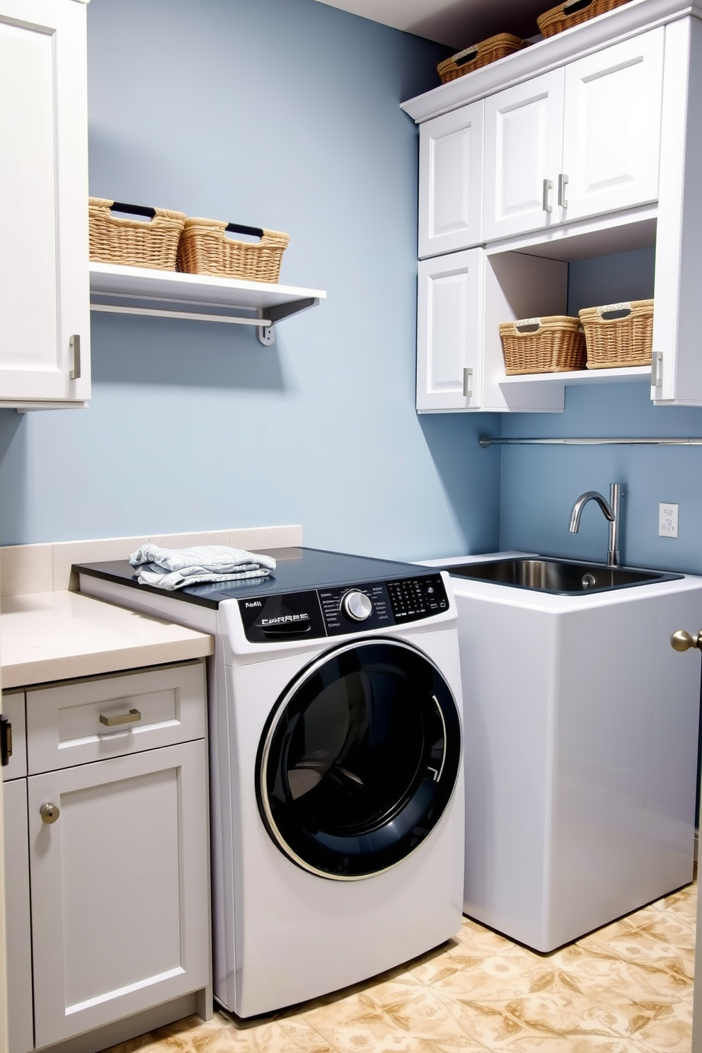 A functional laundry room designed for efficiency and comfort. The space features a sleek countertop for folding clothes, with a built-in pet washing station adjacent to it. The walls are painted in a soft blue hue, creating a calming atmosphere. Ample storage is provided by white cabinetry above the washer and dryer, with decorative baskets for organization.