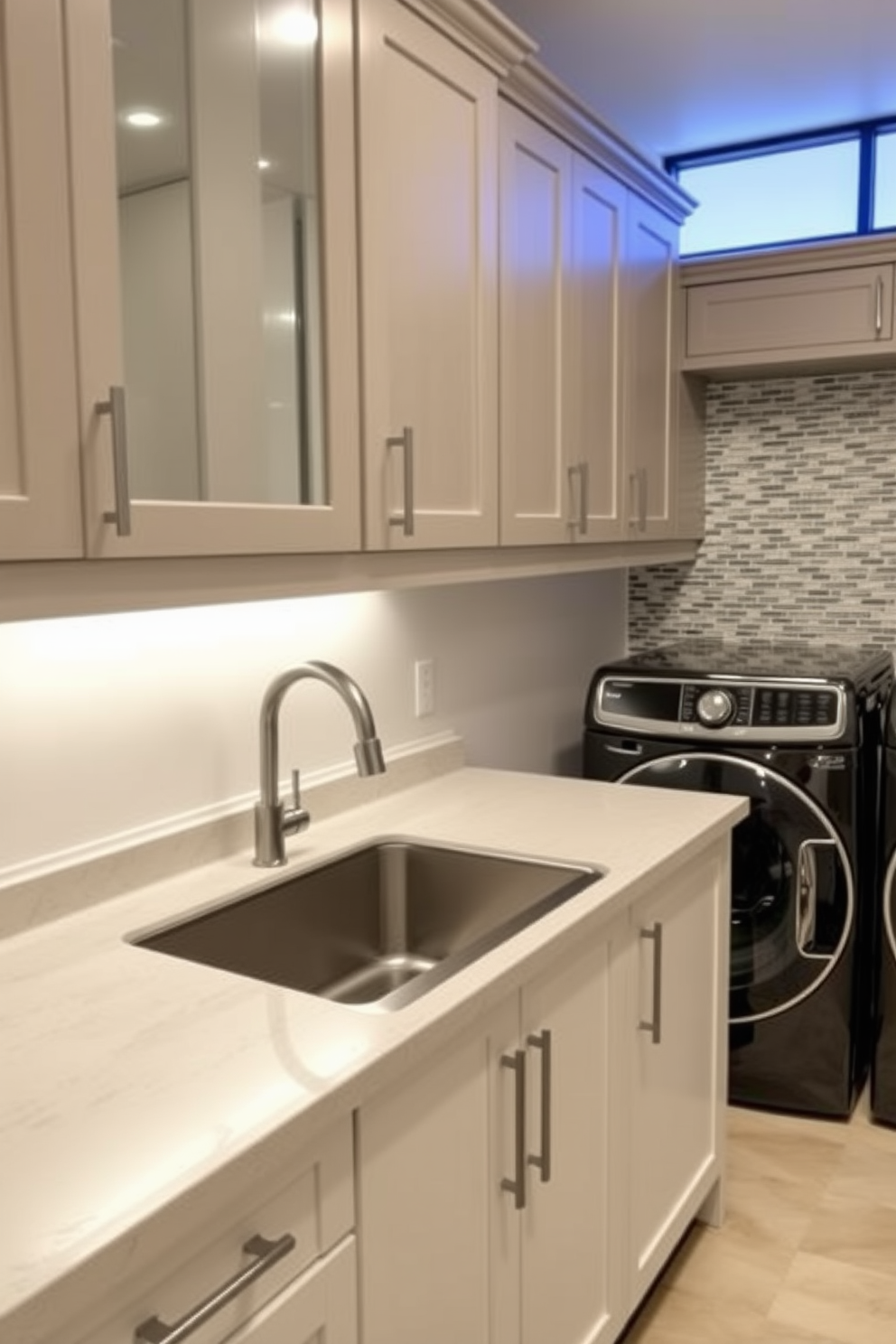 A functional laundry room featuring a spacious utility sink with a sleek faucet and a countertop for folding clothes. The room is equipped with modern appliances, ample storage cabinets, and a stylish backsplash to enhance the overall aesthetic.