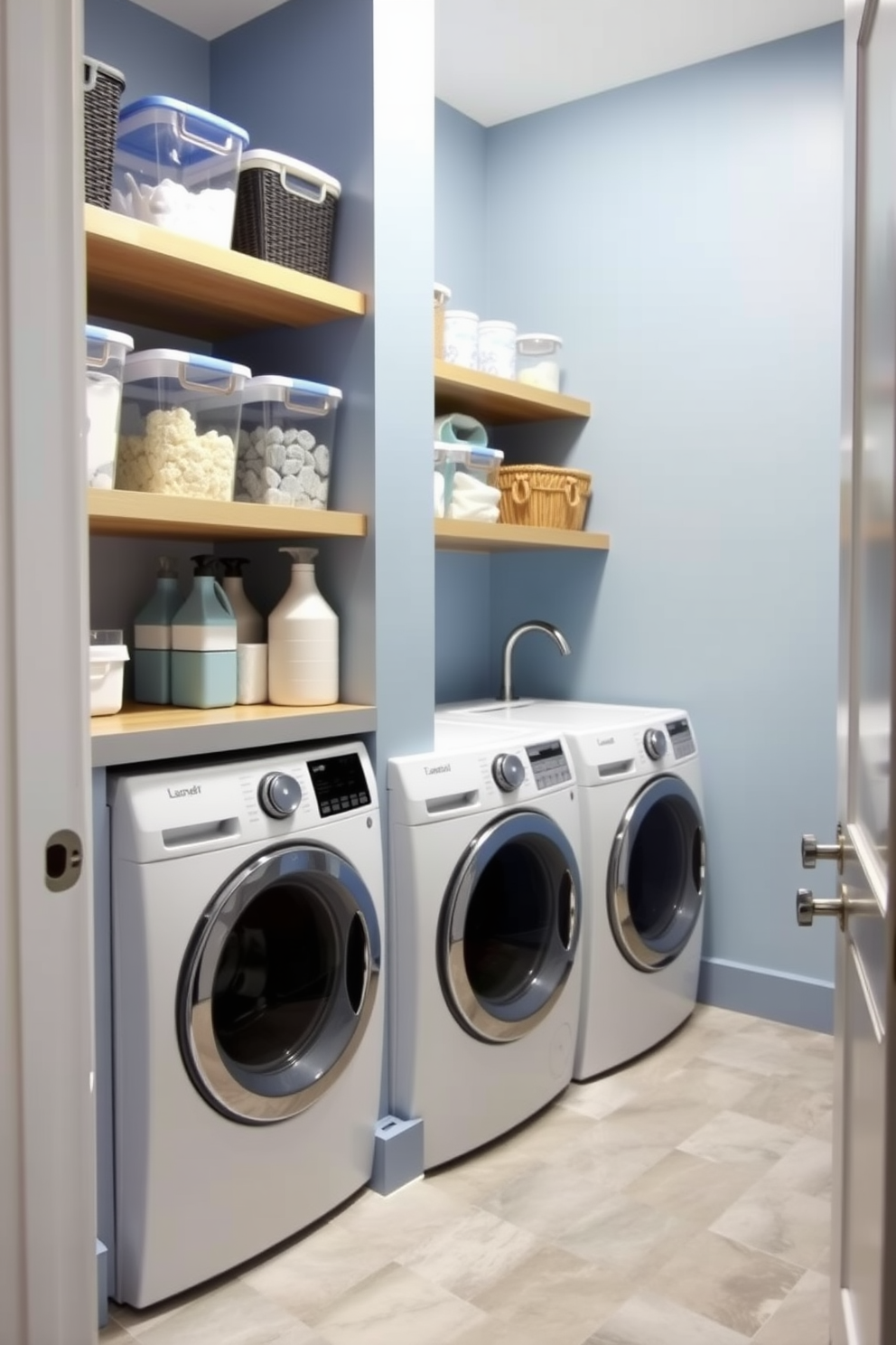 A modern laundry room featuring clear containers for laundry supplies organized on open shelving. The walls are painted in a soft blue hue, and the floor is tiled with light gray ceramic tiles for easy cleaning.