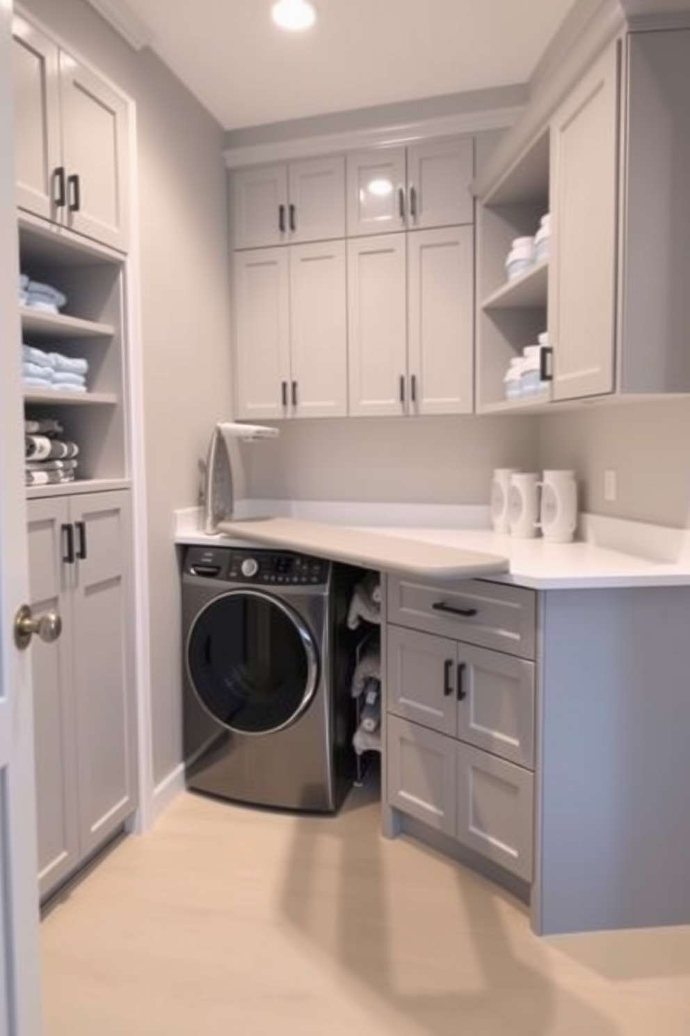 A modern laundry room featuring a built-in ironing board seamlessly integrated into a stylish cabinetry system. The room is adorned with light gray walls and a sleek white countertop, providing ample space for folding clothes and organizing laundry supplies.